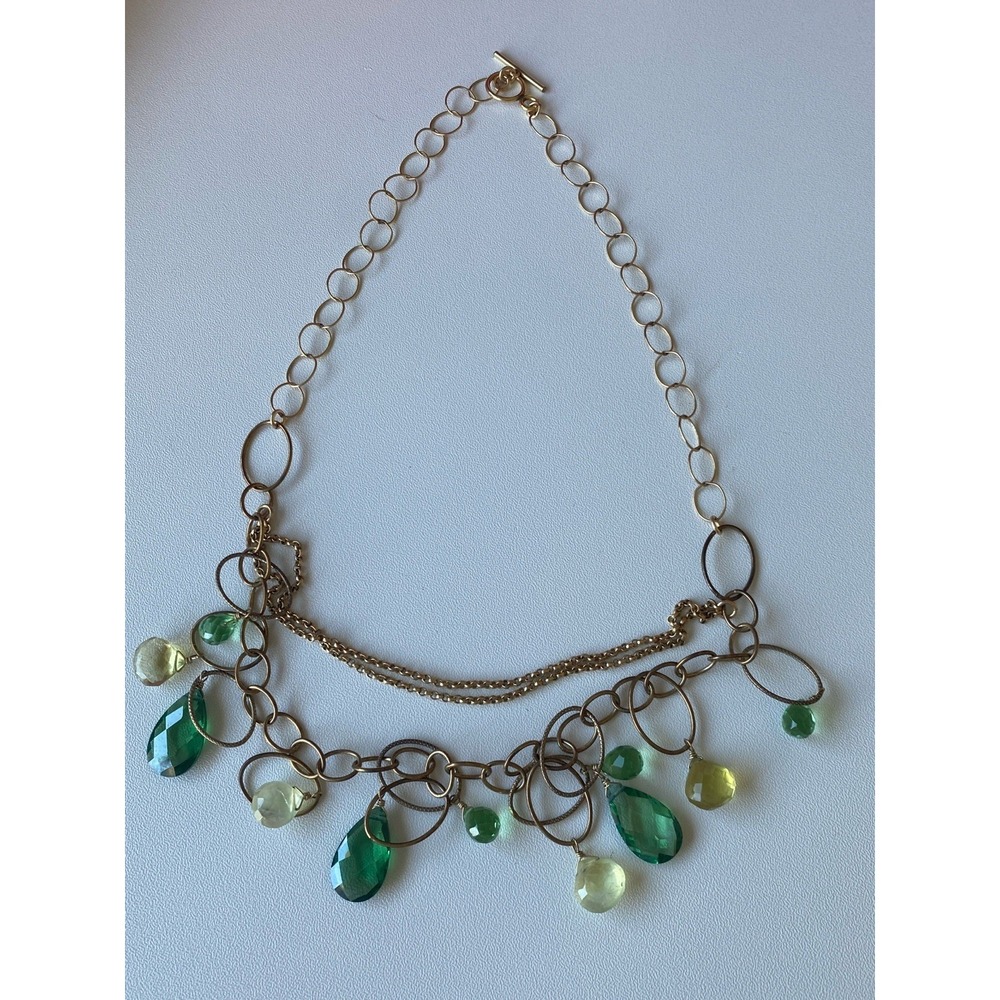 Neiman Marcus Gold‎ Tone Multi-Strand Chandelier Necklace Green Quartz Glass